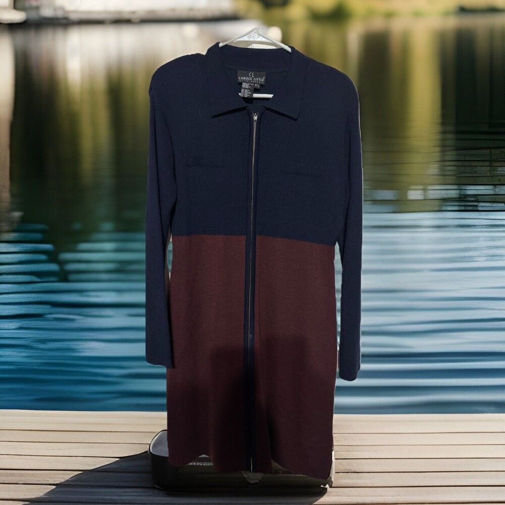 VTG Carole Little Womens Wool Blend SweaterDress Navy Burgundy W Shoulder Pad PL
